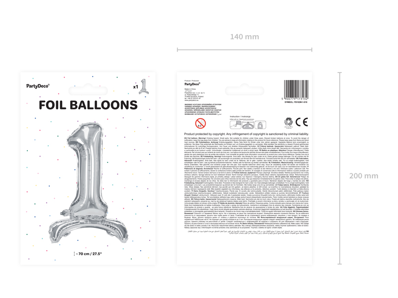Stojący balon foliowy Cyfra ”1”, 70cm, srebrny Balony cyfry wimpreze.pl 5