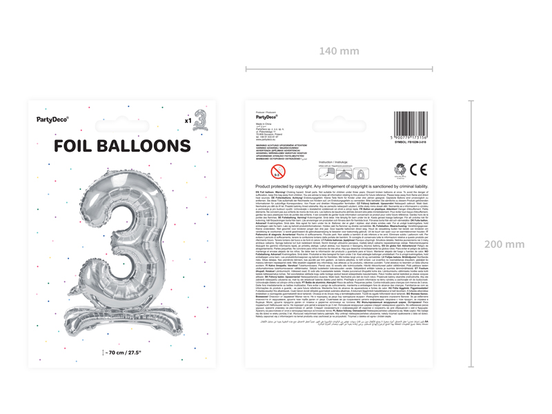 Stojący balon foliowy Cyfra ”3”, 70cm, srebrny Balony cyfry wimpreze.pl 4