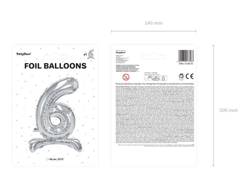 Stojący balon foliowy Cyfra ”6”, 70cm, srebrny Balony cyfry wimpreze.pl 4