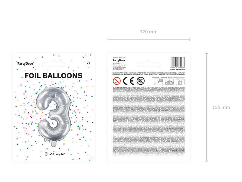 Balon foliowy Cyfra ”3”, 35cm, srebrny Balony cyfry wimpreze.pl 5