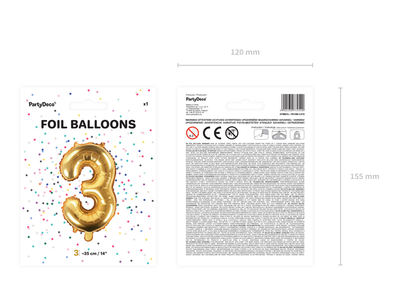 Balon foliowy Cyfra ”3”, 35cm, złoty Balony cyfry wimpreze.pl 5