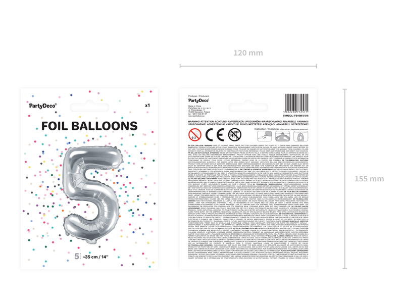 Balon foliowy Cyfra ”5”, 35cm, srebrny Balony cyfry wimpreze.pl 4