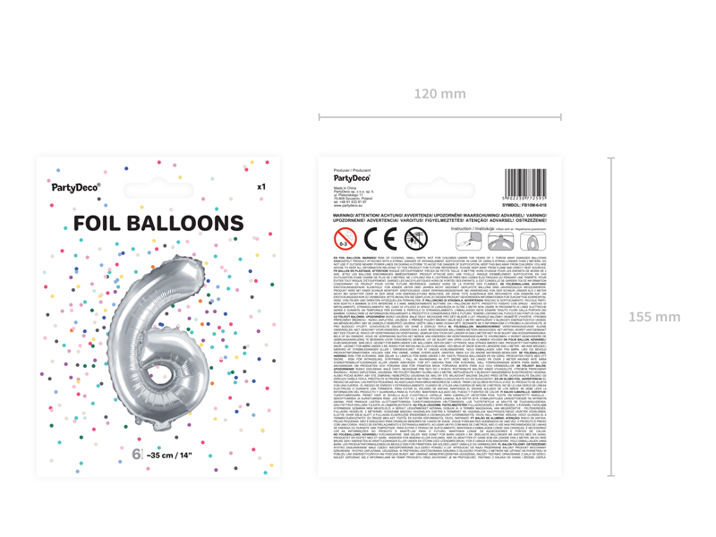 Balon foliowy Cyfra ”6”, 35cm, srebrny Balony cyfry wimpreze.pl 4