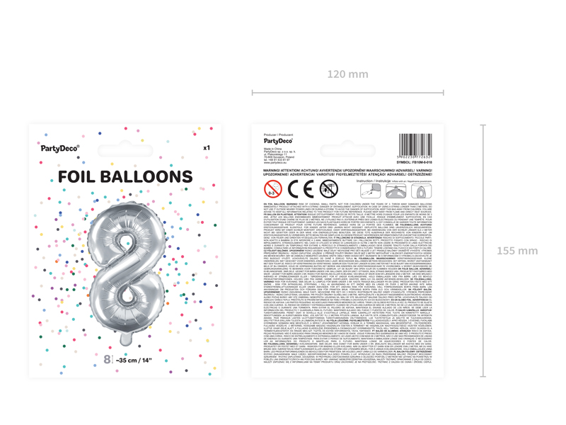 Balon foliowy Cyfra ”8”, 35cm, srebrny Balony cyfry wimpreze.pl 5