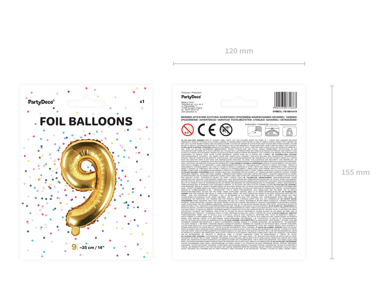 Balon foliowy Cyfra ”9”, 35cm, złoty Balony cyfry wimpreze.pl 5
