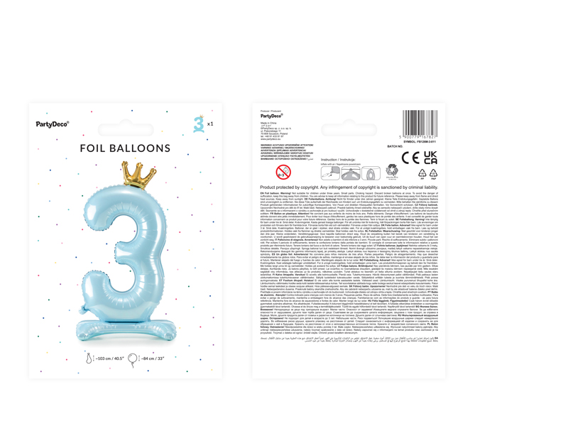 Stojący balon foliowy cyfra „3” , 84 cm, błękit Balony cyfry wimpreze.pl 4
