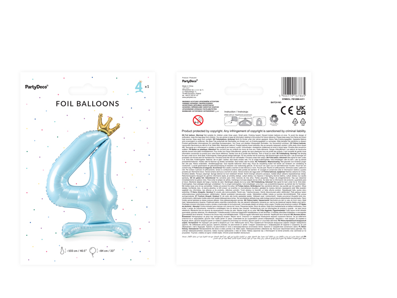 Stojący balon foliowy cyfra „4” , 84 cm, błękit Balony cyfry wimpreze.pl 5