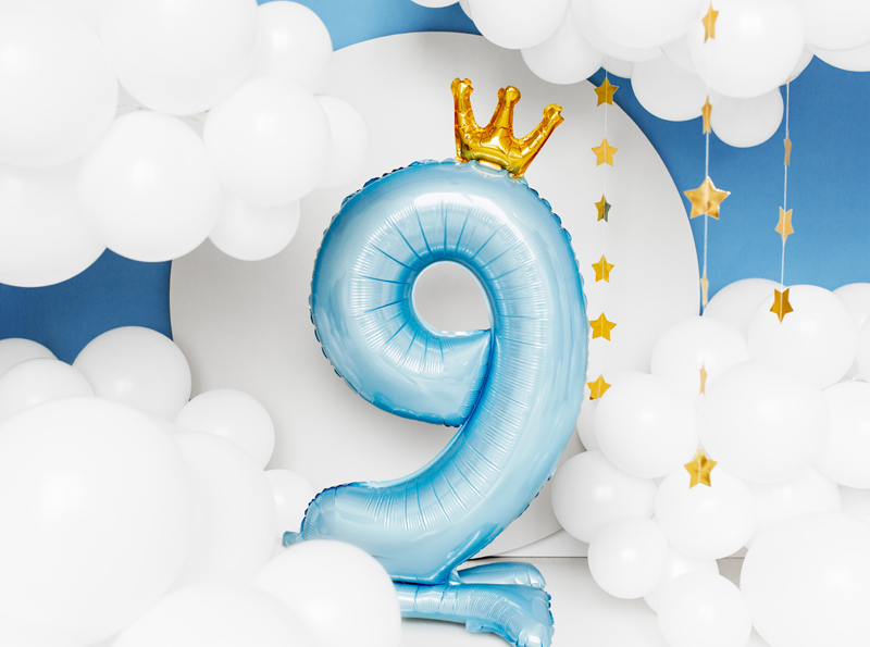 Stojący balon foliowy cyfra „9” , 84 cm, błękit Balony cyfry wimpreze.pl 3