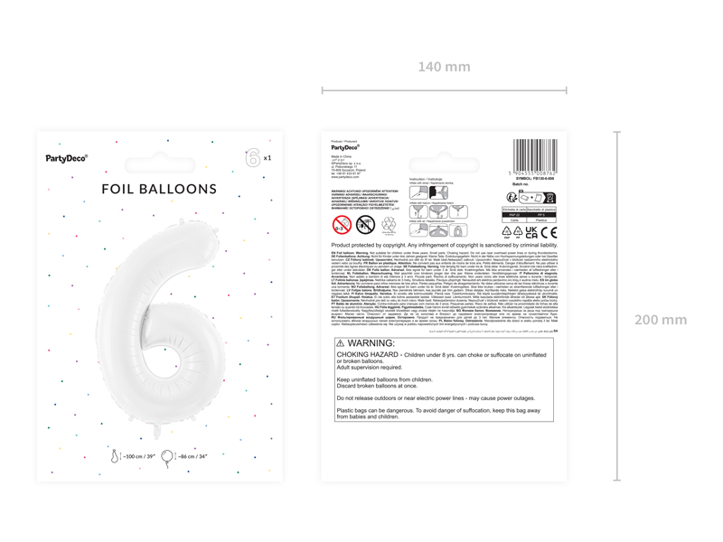 Balon foliowy Cyfra ”6”, 86 cm, biały Balony cyfry wimpreze.pl 3