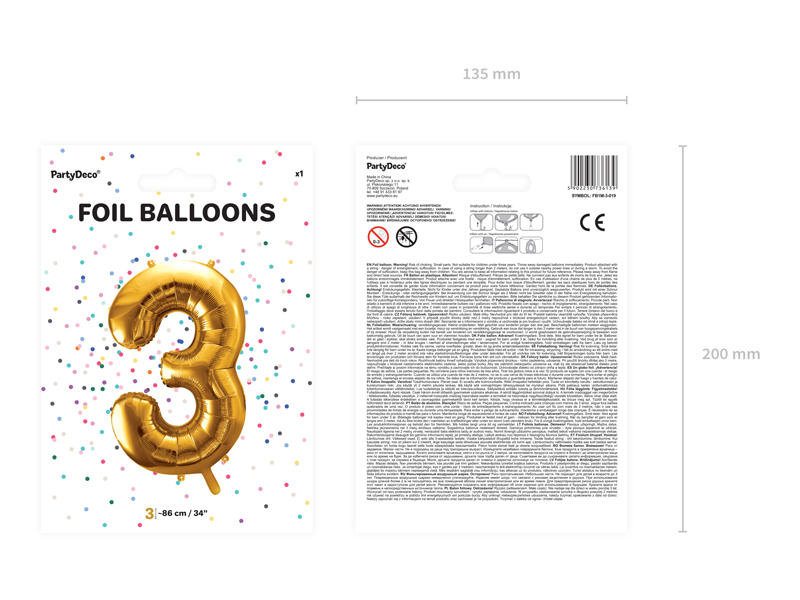 Balon foliowy Cyfra ”3”, 86cm, złoty Balony cyfry wimpreze.pl 4