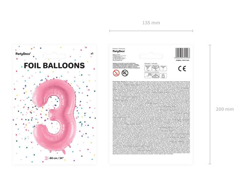 Balon foliowy Cyfra ”3”, 86cm, różowy Balony cyfry wimpreze.pl 4