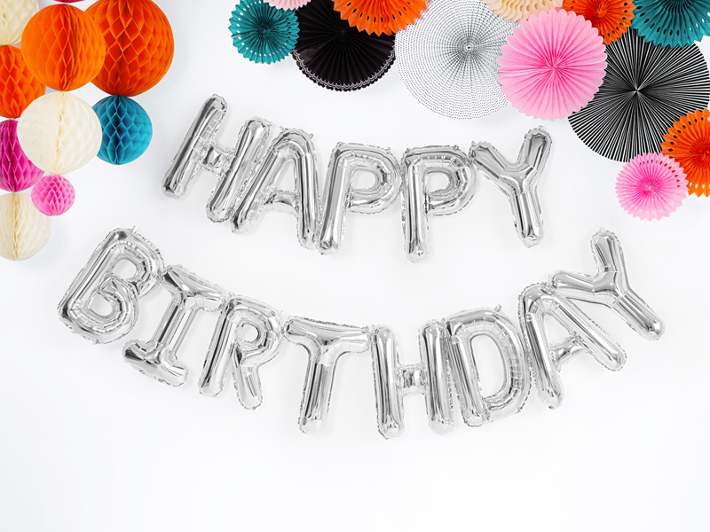 Balon foliowy Happy Birthday, 340x35cm, srebny – na urodziny! Balony i akcesoria wimpreze.pl 3