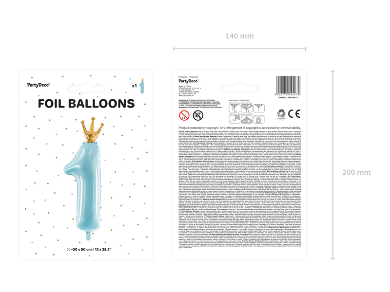 Balon foliowy Cyfra ”1”, 37×100 cm, błękit Balony cyfry wimpreze.pl 5