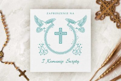 Zaproszenia komunijne na komunie – Kwadratowe z kwiatami wzór 1 – 10szt. Komunia wimpreze.pl