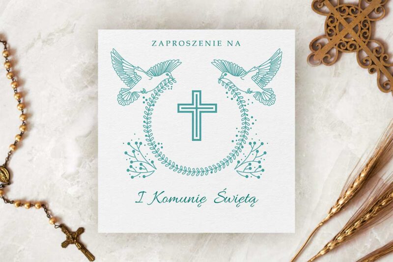 Zaproszenia komunijne na komunie – Kwadratowe z kwiatami wzór 1 Komunia wimpreze.pl 2